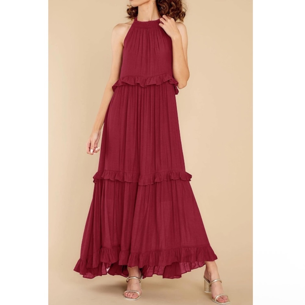 Burgundy Halter Tiered Maxi Dress Ruffle Boho Formal Wedding Guest Sz Small - Picture 3 of 8
